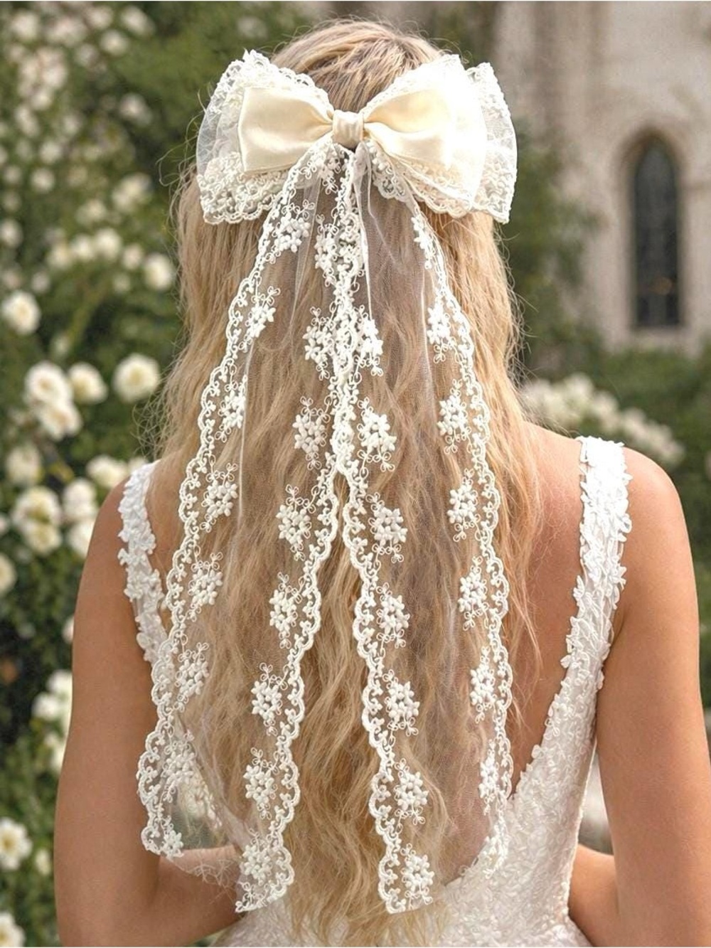 Ivory Lace Bow Hairpiece with Cascading Veil